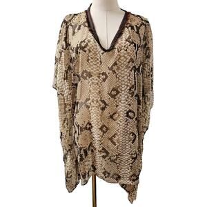 Chico’s Billowy V-Neck Poncho Womens S/M Brown Snakeskin Sheer Beaded Neckline‎